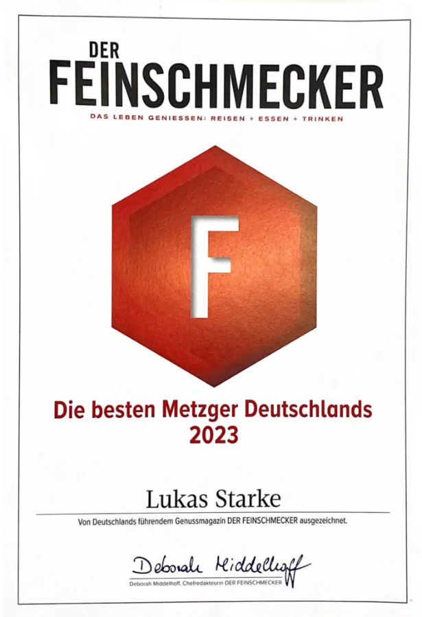 Der Feinschmecker: Die besten Metzger Deutschlands 2023, Urkunde für Lukas Starke