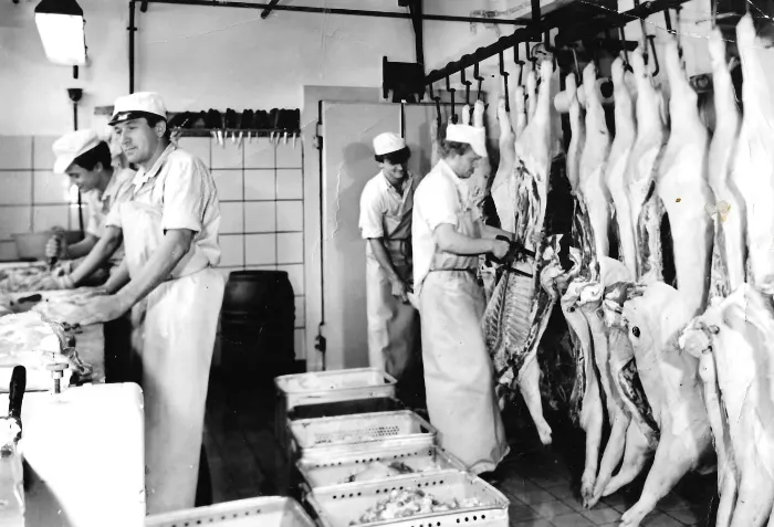 Peter Starke mit Jens Starke, Rainer Starke und Geselle beim Schweinezerlegen, 80er Jahre