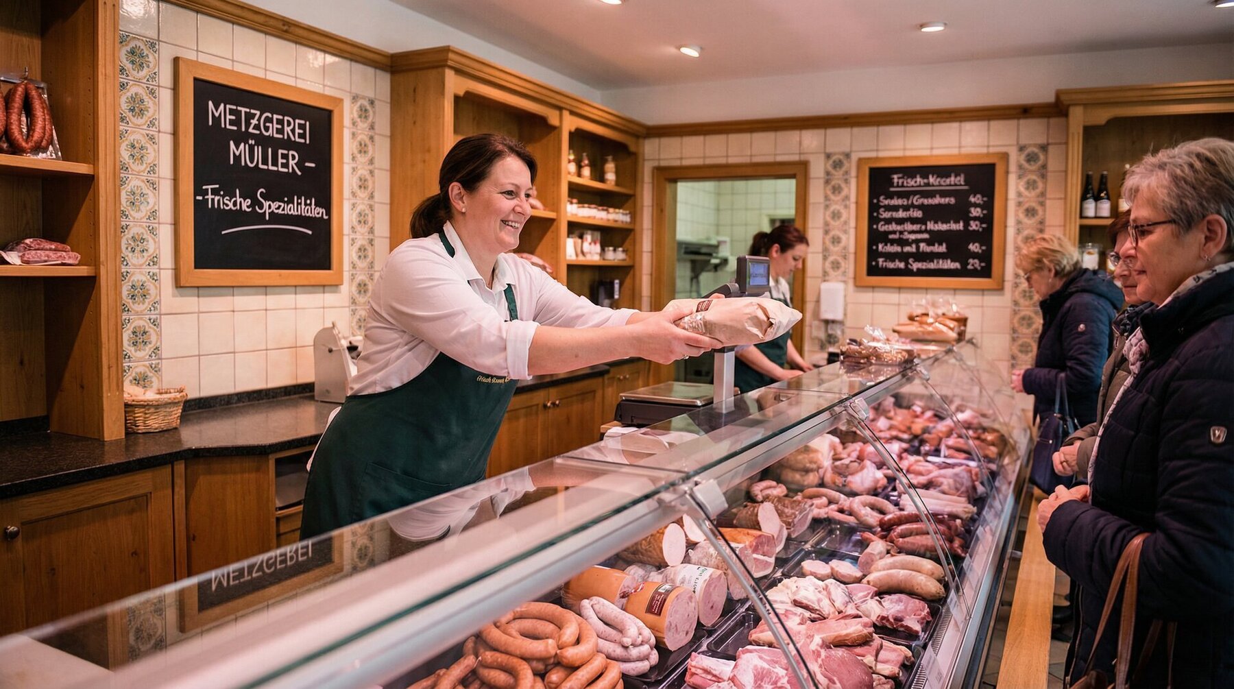 Freundliche Verkäuferin in der Fleischerei Starke